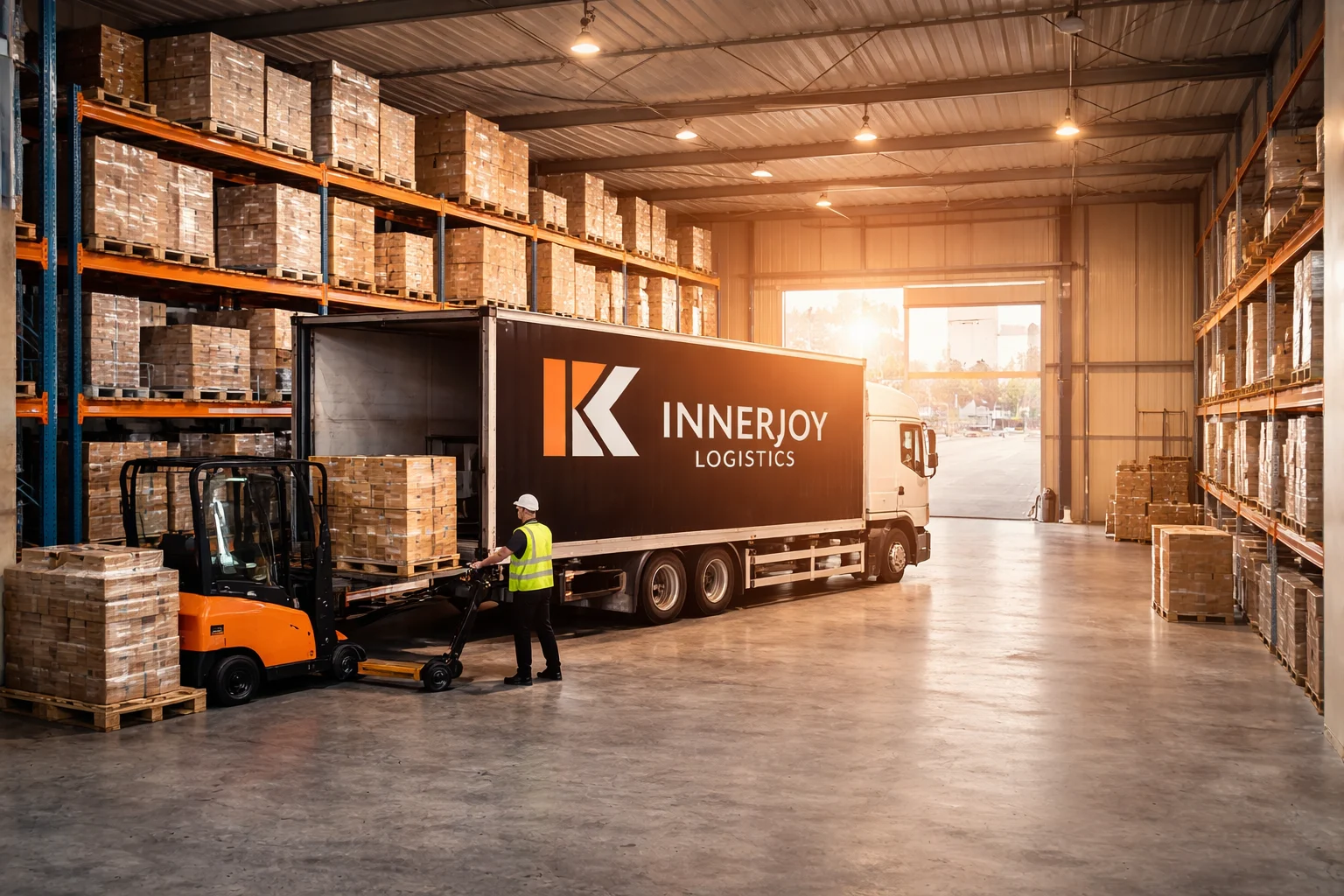 Innerjoy Logistics branded truck inside a warehouse